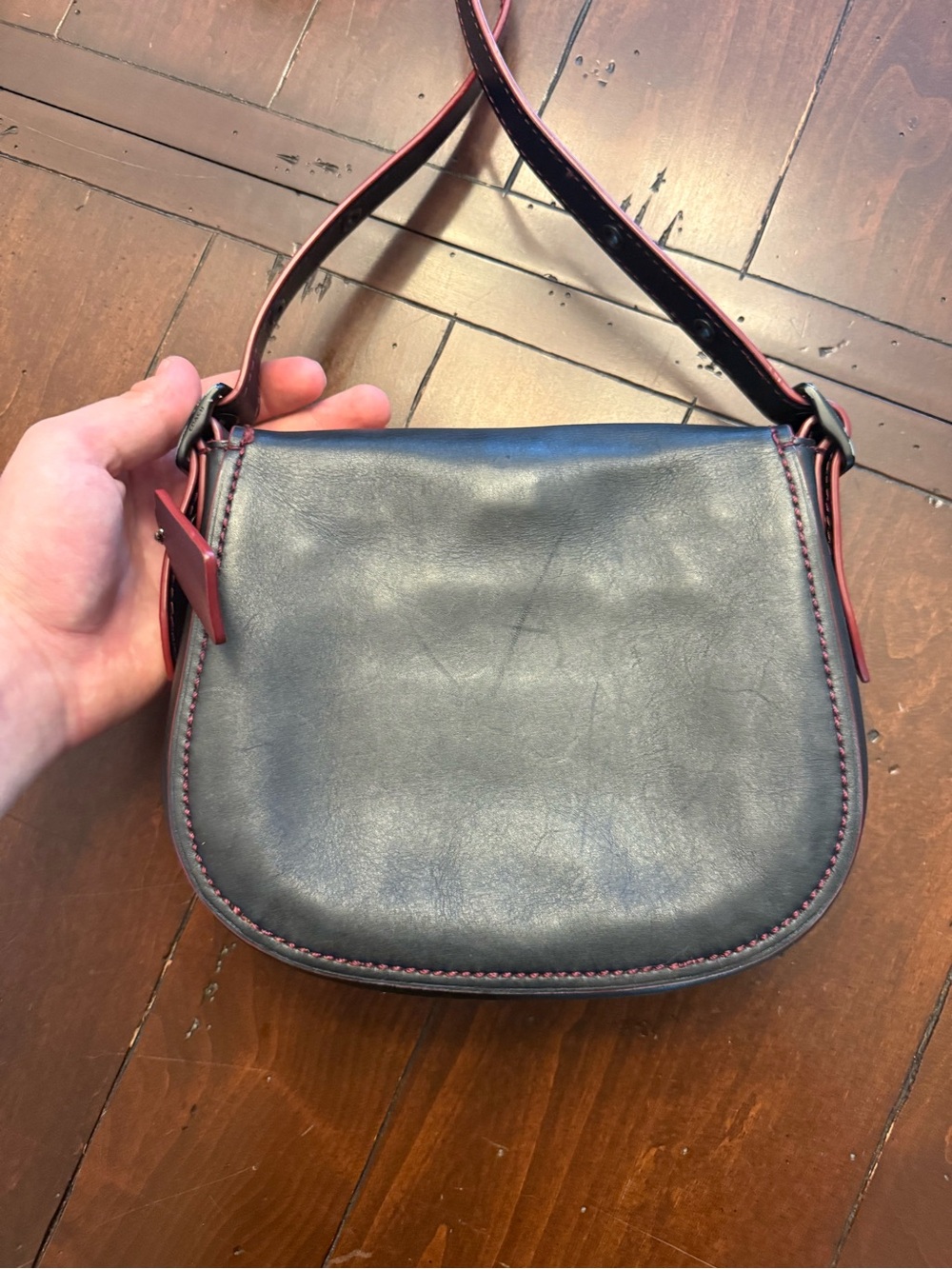 Coach 1941 Glove Tanned Leather Saddle Crossbody Bag in Black with Red Trim USED - Picture 10 of 14